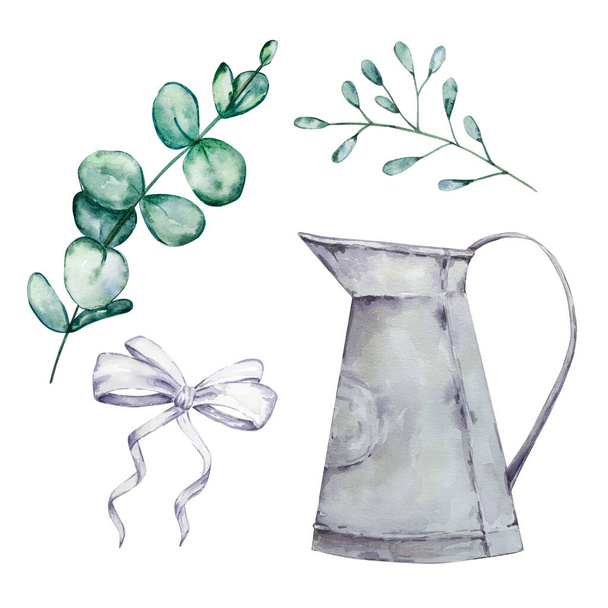 Set of watercolor eucalyptus round leaves and branches, watering can and bow. Hand painted baby eucalyptus and silver dollar items. Floral illustration isolated on white background. For design, textile and background. - Photo, Image
