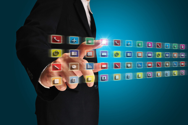 Hombre de negocios touch icono de aplicación de equipos de oficina
 - Foto, imagen