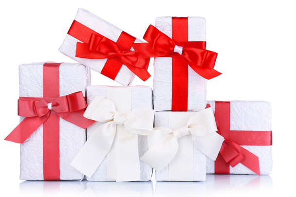 Beautiful gifts with red ribbons, isolated on white - Φωτογραφία, εικόνα