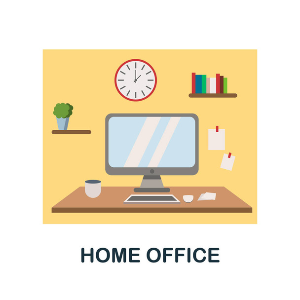 Οικιακό γραφείο επίπεδη εικόνα. Χρωματισμένο διανυσματικό στοιχείο από την εργασία από τη συλλογή στο σπίτι. Δημιουργικό εικονίδιο Home Office για web design project, templates και infographics. - Διάνυσμα, εικόνα
