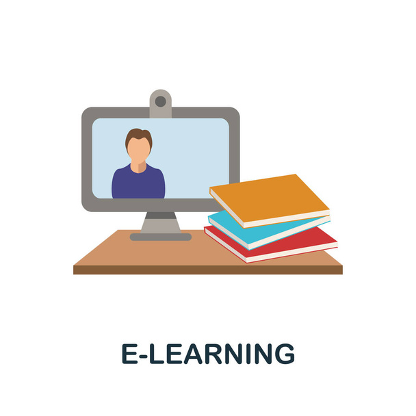 E-Learning płaska ikona. Kolorowy wypełniony element wektorowy z kolekcji domowej. Kreatywna ikona e-learningu do projektowania stron internetowych, szablonów i infografik. - Wektor, obraz