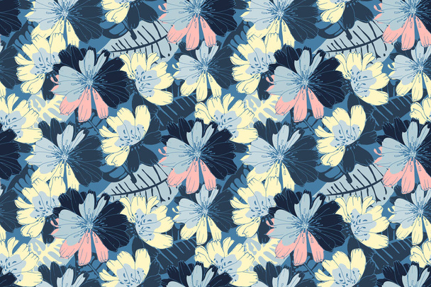 Vector floral seamless pattern. Yellow, blue, pink flowers - Vetor, Imagem