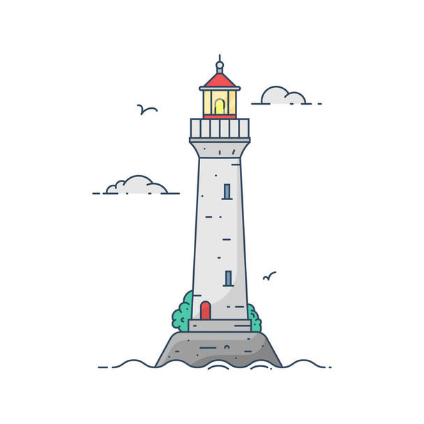 Lighthouse on island in sea with clouds and waves - Vector, Image