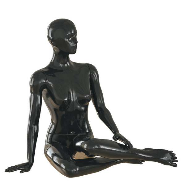 Schwarze weibliche Schaufensterpuppe ohne Kleidung in einer Sitzposition auf einem isolierten Hintergrund. 3D-Darstellung - Foto, Bild