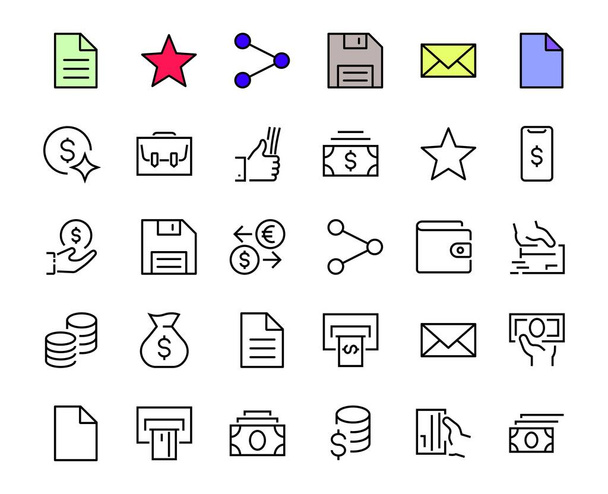 BUSINESS e FINANCE Thin Line Icon Set, contém ícones como Moedas, Câmbios, Pagamento de Cartões, Terminal e muito mais, Linha Editável, Ilustração de Vetores - Vetor, Imagem