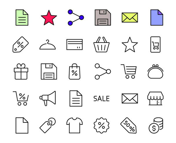 Black Friday Icon Set contiene iconos de Promociones, Descuentos Compras, Carrito de la compra. Un derrame cerebral. Símbolos vectoriales, lineales - Vector, Imagen