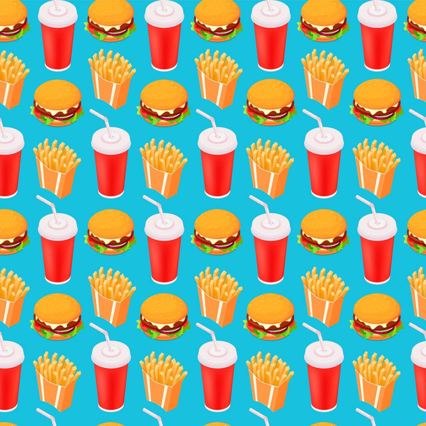 Fast-food Seamless Isometric Vector Pattern, Cola, Burger and French Fries - ベクター画像