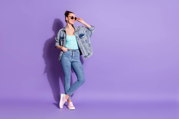 Full length body size view of her she nice attractive lovely pretty charming fashionable cheerful content girl touching specs isolated bright vivid shine vibrant lilac purple violet color background - Φωτογραφία, εικόνα
