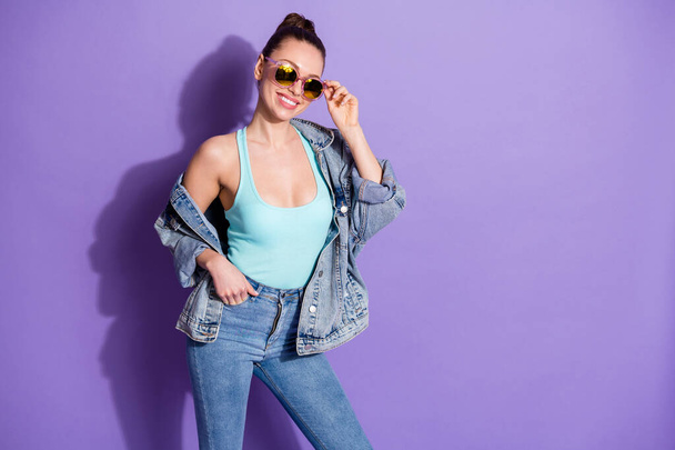 Portrait of her she nice-looking attractive lovable pretty charming cheerful cheery fashionable girl posing isolated over bright vivid shine vibrant lilac purple violet color background - 写真・画像