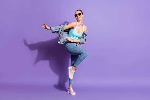 Full length body size view of her she nice-looking attractive pretty charming cheerful careless girl dancing having fun isolated over bright vivid shine vibrant lilac purple violet color background - Photo, Image
