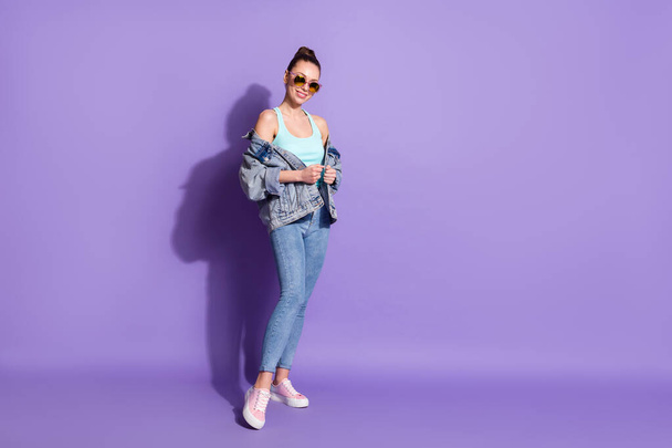 Full length body size view of her she nice-looking attractive lovely pretty charming cheerful content girl posing isolated over bright vivid shine vibrant lilac purple violet color background - Zdjęcie, obraz
