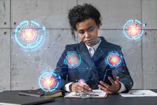Businesswoman taking notes and world map hologram. Double exposure. Technology security network solution planet earth international business concept. - Photo, Image