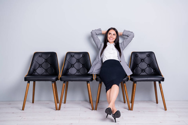 Portrait of her she nice attractive classy elegant cheerful lady executive office manager sitting in chair resting dreaming meeting ceo boss chief promotion isolated pastel gray color background - Photo, Image