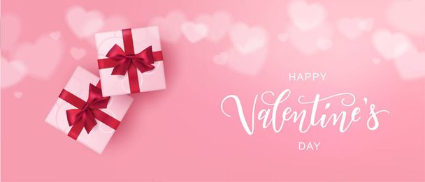 Happy Valentines Day hand lettering typography with realistic looking gift boxes and hearts. Vector design for greeting cards, banner, poster template. Celebration illustration. - Vektor, Bild