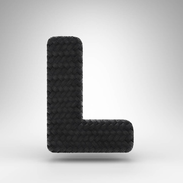Carta L maiúscula sobre fundo branco. Black carbon fiber 3D renderizado fonte com textura de rosca de carbono. - Foto, Imagem