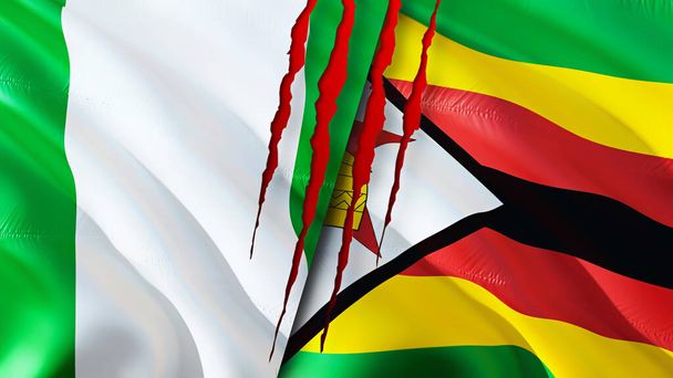 Nijerya ve Zimbabwe yara izi olan bayraklar. Dalgalanan bayrak, 3 boyutlu görüntüleme. Nijerya ve Zimbabwe çatışma konsepti. Nijerya Zimbabve ilişkileri kavramı. Nijerya bayrağı ve Zimbabwe krizi, savaş, attac - Fotoğraf, Görsel
