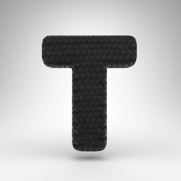 Letter T uppercase on white background. Black carbon fiber 3D rendered font with carbon thread texture. - Photo, Image