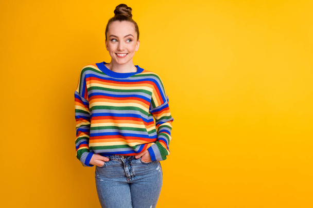 Photo of pretty lovely nice enjoy weekend walk look copyspace put hands pocket wear pullover sweater isolated over bright color background - Φωτογραφία, εικόνα