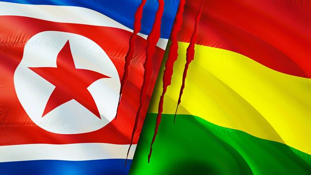 Kuzey Kore ve Bolivya bayraklarında yara izi var. Dalgalanan bayrak, 3 boyutlu görüntüleme. Kuzey Kore ve Bolivya çatışma konsepti. Kuzey Kore Bolivya ilişkileri kavramı. Kuzey Kore ve Bolivi bayrağı - Fotoğraf, Görsel