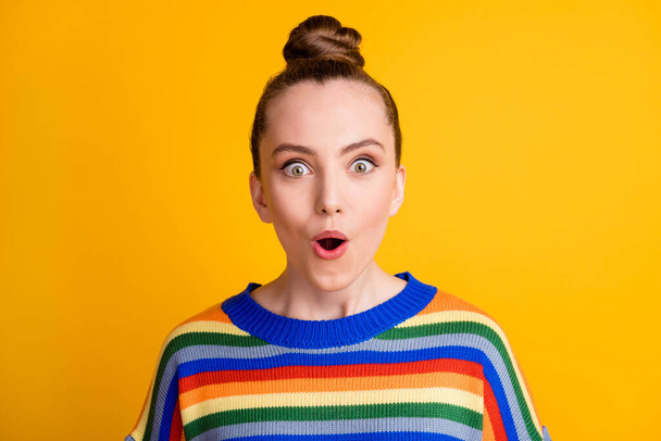 Portrait of astonished girl cant believe she look wonderful bargain novelty wear jumper isolated over bright color background - Фото, изображение