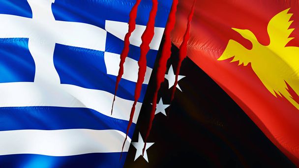 Greece and Papua New Guinea flags with scar concept. Waving flag,3D rendering. Greece and Papua New Guinea conflict concept. Greece Papua New Guinea relations concept. flag of Greece and Papua Ne - Photo, Image