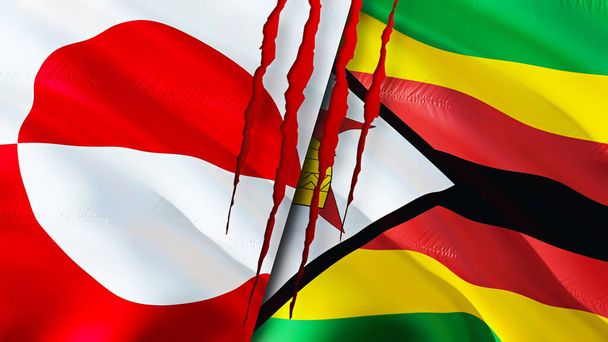 Greenland and Zimbabwe flags with scar concept. Waving flag,3D rendering. Greenland and Zimbabwe conflict concept. Greenland Zimbabwe relations concept. flag of Greenland and Zimbabwe crisis,war - Photo, Image