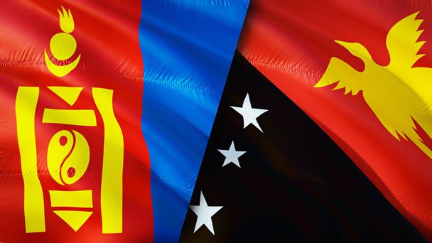 Mongolia and Papua New Guinea flags. 3D Waving flag design. Mongolia Papua New Guinea flag, picture, wallpaper. Mongolia vs Papua New Guinea image,3D rendering. Mongolia Papua New Guinea relation - Photo, Image