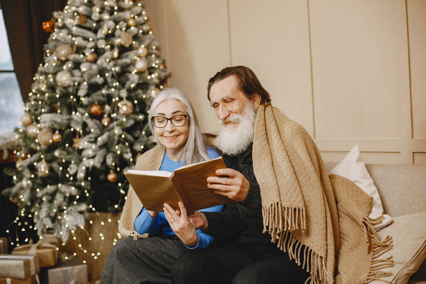 Senior couple with book near the Christmas tree - Foto, afbeelding