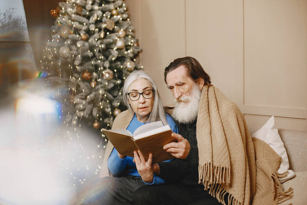 Senior couple with book near the Christmas tree - Foto, imagen