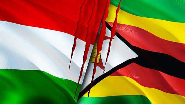 Hungary and Zimbabwe flags with scar concept. Waving flag,3D rendering. Hungary and Zimbabwe conflict concept. Hungary Zimbabwe relations concept. flag of Hungary and Zimbabwe crisis,war, attac - Photo, Image