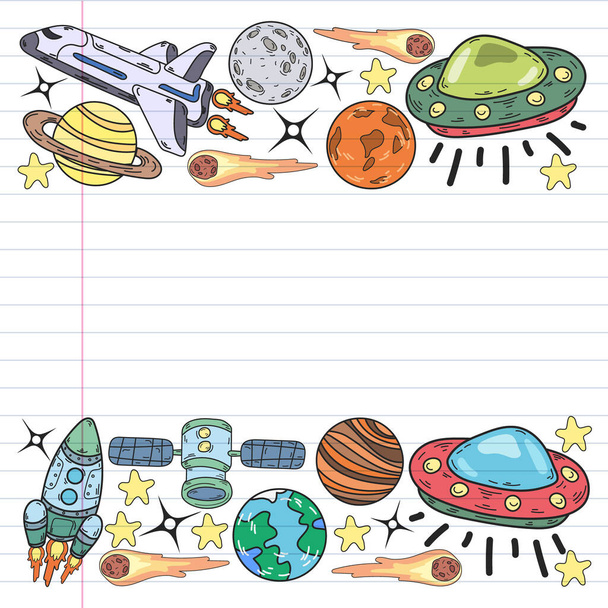 Διανυσματικό σχέδιο doodle χώρο με πλανήτες, φεγγάρι και διαστημόπλοιο - Διάνυσμα, εικόνα