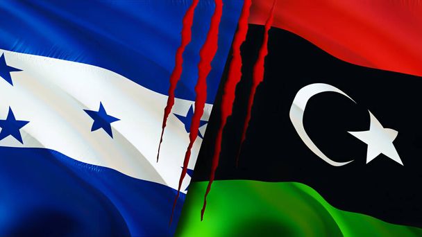 Honduras and Libya flags with scar concept. Waving flag 3D rendering. Honduras and Libya conflict concept. Honduras Libya relations concept. flag of Honduras and Libya crisis,war, attack concep - Photo, Image