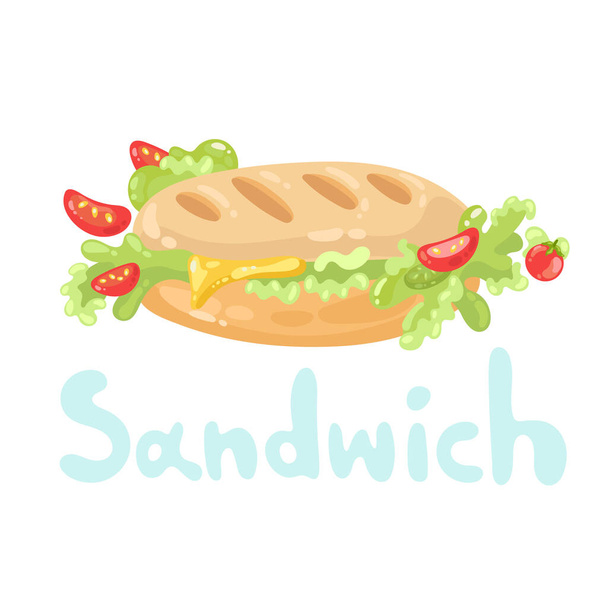 サンドイッチはファーストフードを切ります。漫画のフラットアイコン。取り去るか、または昼食の株式記号。バター、チーズ、トマト、レタスと古典的なフランスのサンドイッチ。栄養価の高い朝食。メニュー、カフェ、ウェブのデザイン要素. - ベクター画像