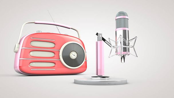 Studio microphone and retro radio. 3D rendering. - Фото, изображение