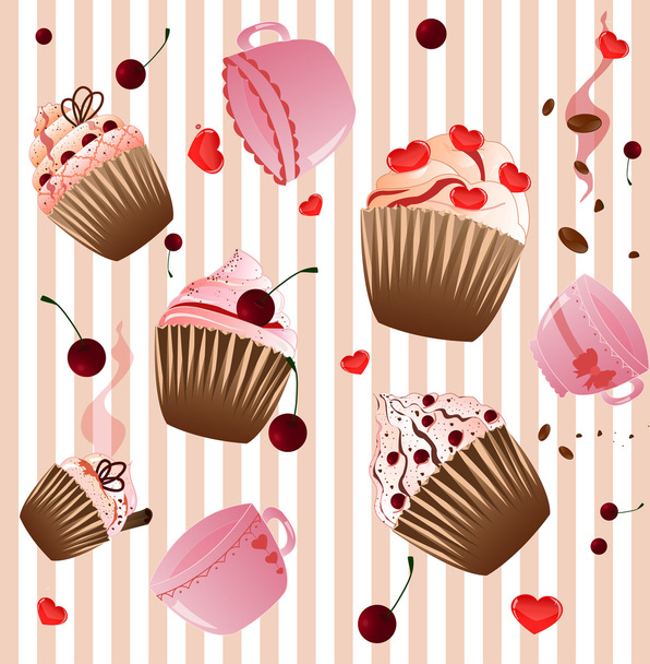 cupcake and cup on the  stripped pink background - Διάνυσμα, εικόνα
