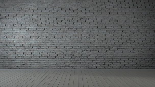 Grey brick wall and plank wood floor background. 3d rendering - Photo, Image