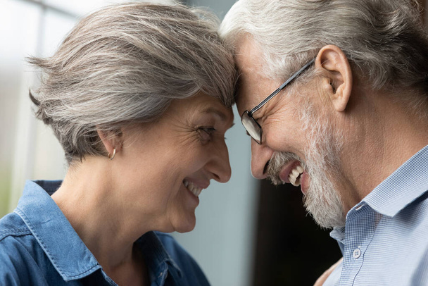 Loving bonding happy middle aged mature family couple touching foreheads. - Photo, Image