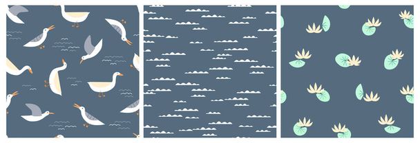 patronen. Zeemeeuwen, zwaan, rivierplanten, lucht op donkerblauwe achtergrond. Handgetekende textuur met cartoon kleuren pictogrammen. Vectorontwerp voor papier, omslag, stof, decor - Vector, afbeelding
