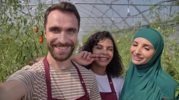 Zespół ogrodników uśmiechających się do selfie w szklarni - Materiał filmowy, wideo