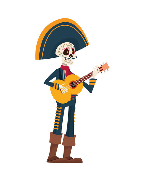 traditional mexican mariachi skull playing guitar character - Vector, Image