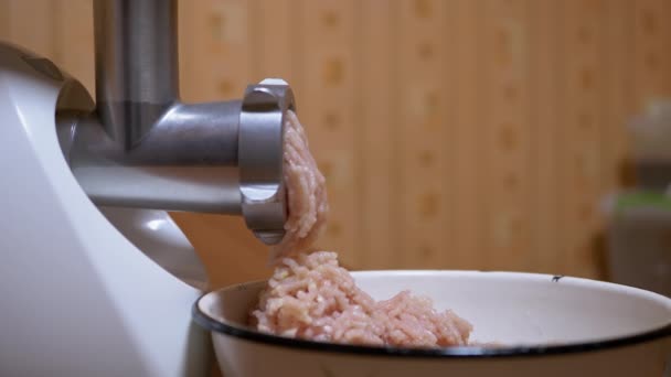Ηλεκτρικός μύλος κρέατος κυλά ακατέργαστο φιλέτο κοτόπουλου για το κρέας κοπής μέσω Sieve - Πλάνα, βίντεο