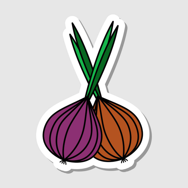 Vector onion sticker in cartoon style. Isolated vegetable with shadow. Flat simple icon with black lines. - Vector, Image