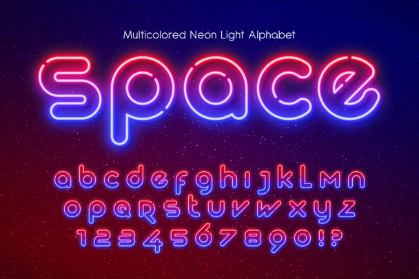 Neon light alphabet, extra glowing futuristic type. - Vektör, Görsel