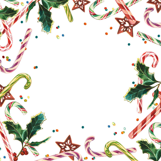 watercolor square christmas frame on white background with holly branches, confetti, sweet canes, and stars - Photo, image