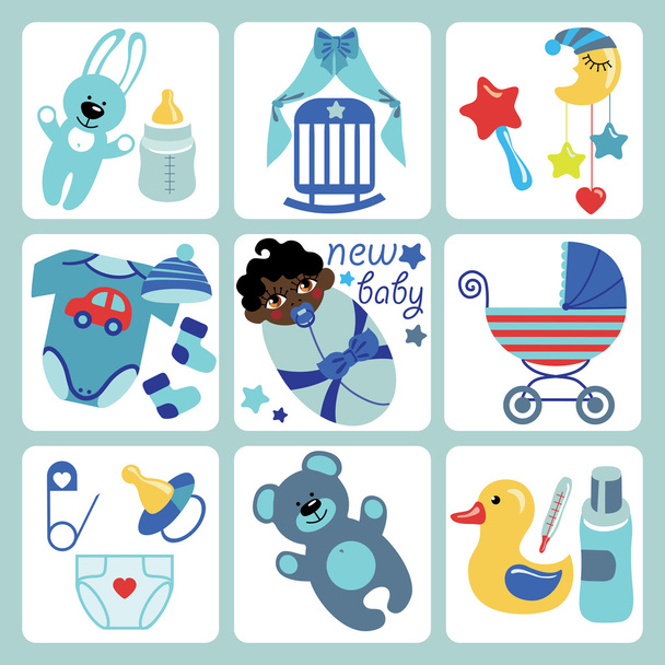 Cute cartoons icons for mulatto newborn baby girl - Vector, Image