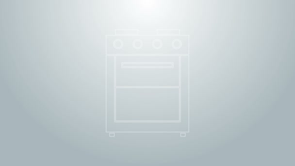 Blauwe lijn Oven pictogram geïsoleerd op grijze achtergrond. Een gasovenbord. 4K Video motion grafische animatie - Video