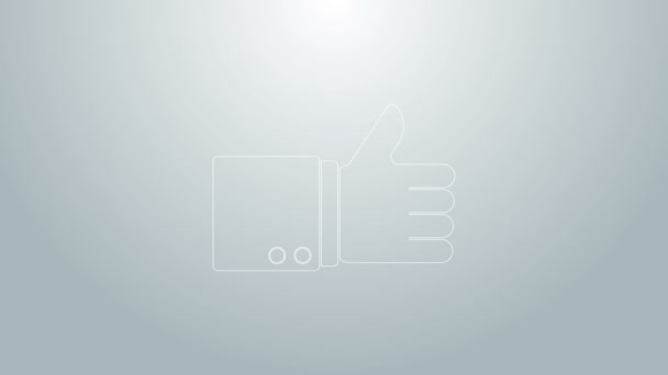 Modrá čára Ruční palec nahoru ikona izolované na šedém pozadí. Grafická animace pohybu videa 4K - Záběry, video