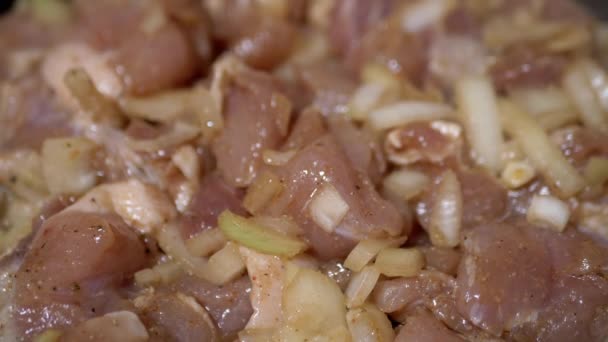 Cozinhar carne crua de frango em uma frigideira no fogão a gás na cozinha em casa - Filmagem, Vídeo