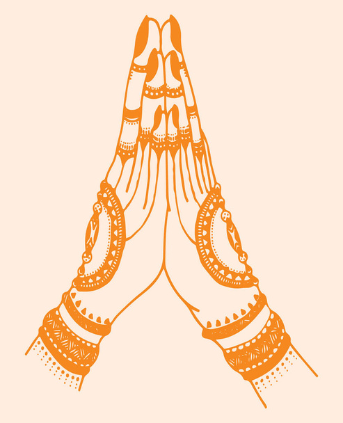 Рисование или набросок двух рук индийской леди, делающей намасте. Приветственный жест руки индийской женщины за столом - Вектор,изображение