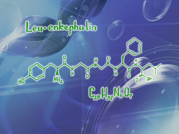 Formule moléculaire chimique de l'hormone Leu-enképhaline W. Infographie. Abstrait brillant fond bleu paillettes. - Photo, image